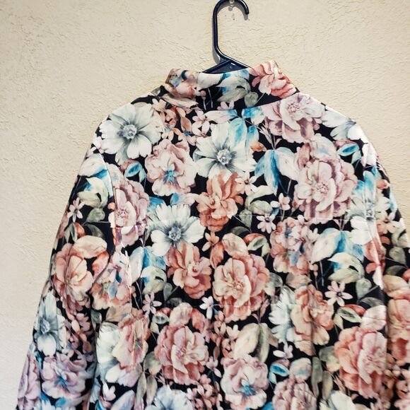 SOFT SURROUNDINGS Black Floral Puffer Jacket Medium Full Zipper - Picture 7 of 10